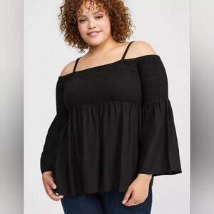torrid Black Smocked Challis Off-Shoulder Top 3x